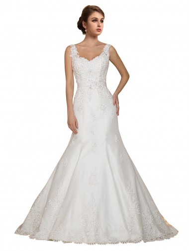Cap Sleeves V-Neck Lace Ivory Chapel Train Wedding Dress Adelaide