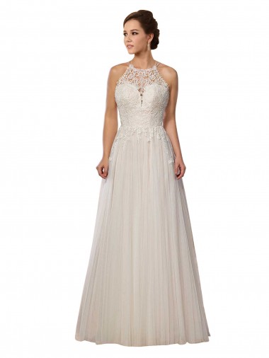 Sleeveless Illusion Neck Tulle Ivory Sweep Train Wedding Dress Adelaide
