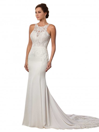 Sleeveless High Neck Lace Ivory Sheath Chapel Train Modern Wedding Dress Adelaide
