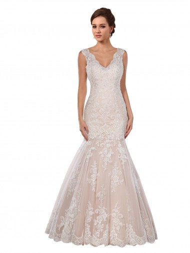 Sleeveless V-Neck Lace Ivory & Champagne Chapel Train Modern Wedding Dress Adelaide