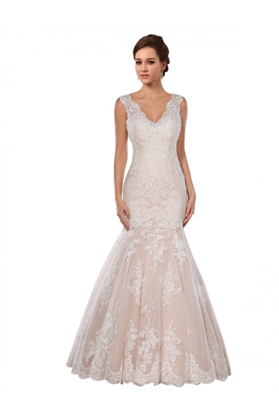 Sleeveless V-Neck Lace Ivory & Champagne Chapel Train Modern Wedding Dress Adelaide