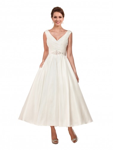 Sleeveless V-Neck Satin Ivory Ankle Length Wedding Dress Adelaide