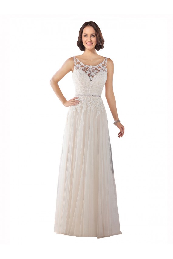 Sleeveless Illusion Neck Tulle Ivory & Champagne Sweep Train Boho Wedding Dress Adelaide