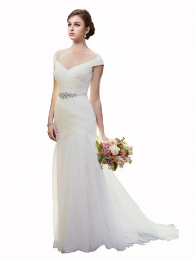 Sleeveless Off the Shoulder Tulle Ivory Chapel Train Beach Wedding Dress Adelaide