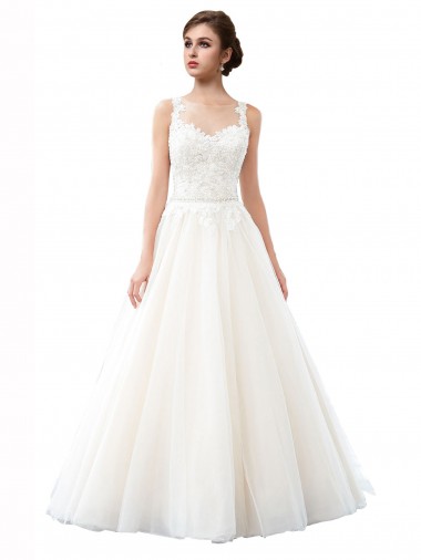 Sleeveless Illusion Neck Tulle & Lace Ivory Cathedral Train Beach Wedding Dress Adelaide