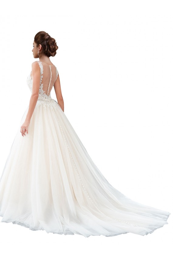 Sleeveless Illusion Neck Tulle & Lace Ivory Cathedral Train Beach Wedding Dress Adelaide