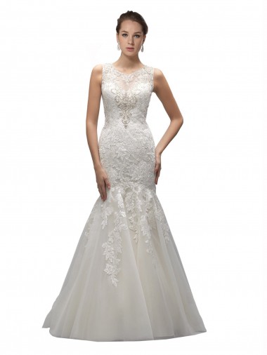 Sleeveless Illusion Neck Tulle & Lace Ivory Sweep Train Wedding Dress Adelaide