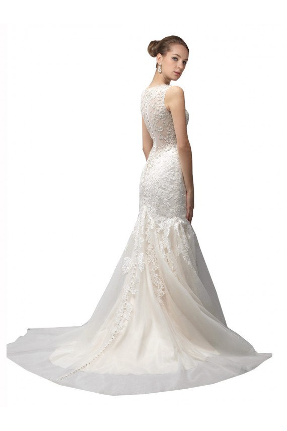 Sleeveless Illusion Neck Tulle & Lace Ivory Sweep Train Wedding Dress Adelaide