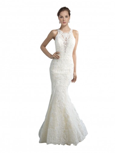 Sleeveless Illusion Neck Tulle Ivory Chapel Train Beach Wedding Dress Adelaide