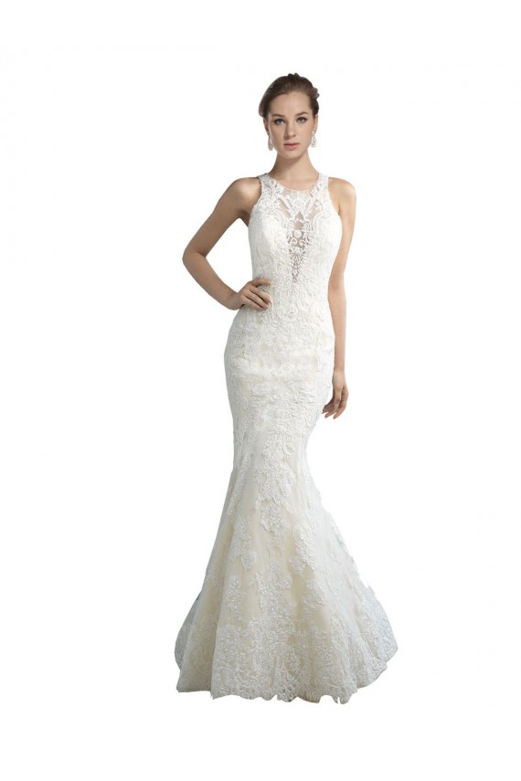 Sleeveless Illusion Neck Tulle Ivory Chapel Train Beach Wedding Dress Adelaide