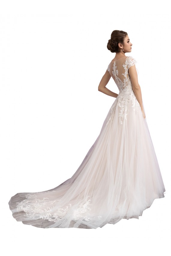Cap Sleeves Illusion Neck Tulle & Lace Ivory & Champagne Cathedral Train Beach Wedding Dress Adelaide