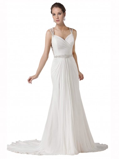 Sleeveless Sweetheart Soft Chiffon White Chapel Train Beach Wedding Dress Adelaide