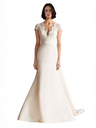 Cap Sleeves V-Neck Satin Ivory Chapel Train Wedding Dress Adelaide