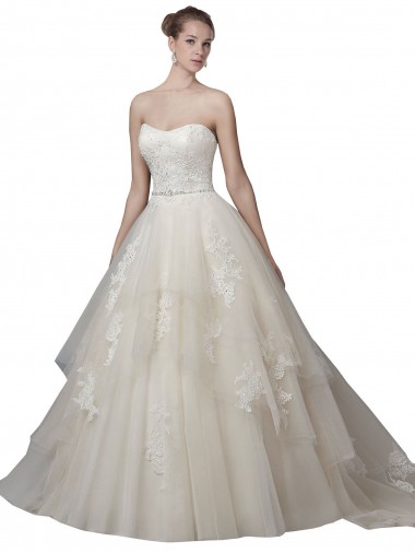 Sleeveless Strapless Tulle & Lace Ivory Chapel Train Wedding Dress Adelaide