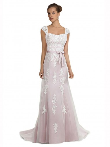 Sleeveless Strapless Tulle & Lace Ivory & Pink Sweep Train Beach Wedding Dress Adelaide