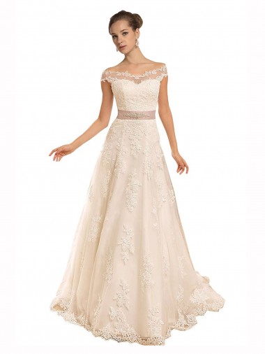 Sleeveless Off the Shoulder Lace Ivory A-Line Chapel Train Beach Wedding Dress Adelaide