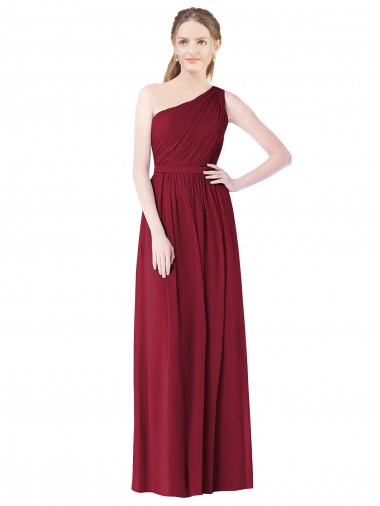 Sleeveless One Shoulder Soft Chiffon Burgundy Long Bridesmaid Gown Adelaide
