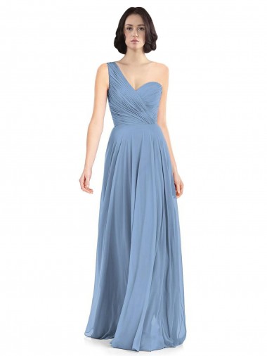 Sleeveless One Shoulder Soft Chiffon Dusty Blue Long Formal Dress / Bridesmaid Dress Adelaide