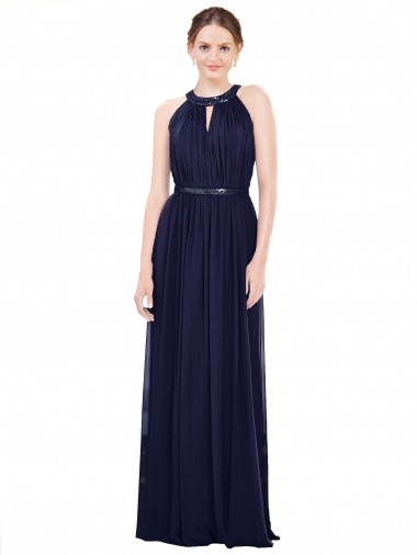 Sleeveless High Neck Soft Chiffon Dark Navy Long Bridesmaid Dress / Formal Dress Adelaide