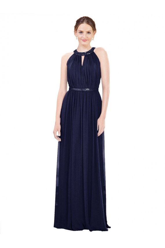 Sleeveless High Neck Soft Chiffon Dark Navy Long Bridesmaid Dress / Formal Dress Adelaide