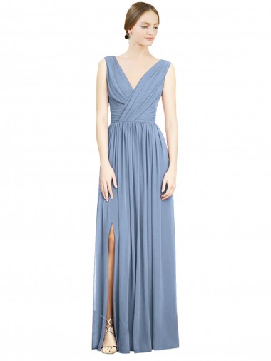 Sleeveless V-Neck Soft Chiffon Dusty Blue Long Semi Formal Evening Dress / Bridesmaid Dress Adelaide