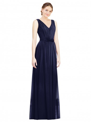 Sleeveless V-Neck Chiffon Dark Navy Long Bridesmaid Gowns Adelaide