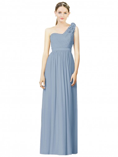Sleeveless One Shoulder Soft Chiffon Dusty Blue Long Bridesmaid Dress Adelaide
