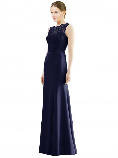 Sleeveless Illusion Neck Soft Chiffon & Lace Dark Navy Long Bridesmaid Dress Adelaide