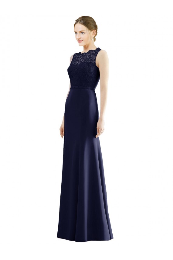 Sleeveless Illusion Neck Soft Chiffon & Lace Dark Navy Long Bridesmaid Dress Adelaide