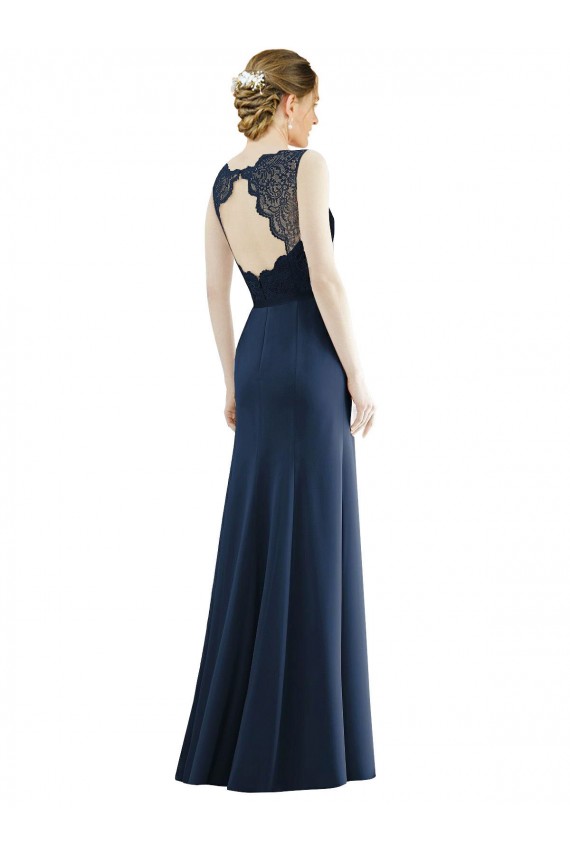 Sleeveless Illusion Neck Soft Chiffon & Lace Dark Navy Long Bridesmaid Dress Adelaide