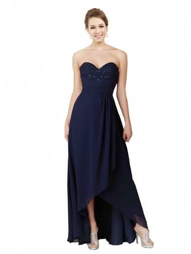 Sleeveless Sweetheart Soft Chiffon Dark Navy Long High Low Bridesmaid Dress Adelaide