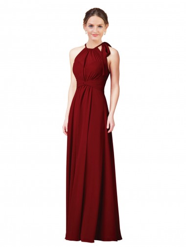 Sleeveless Halter Neck Soft Chiffon Burgundy Sheath Long Bridesmaid Dress Adelaide