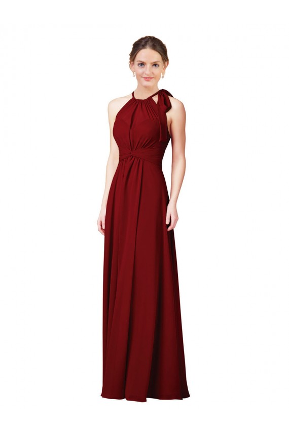 Sleeveless Halter Neck Soft Chiffon Burgundy Sheath Long Bridesmaid Dress Adelaide