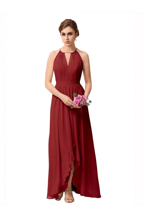 Sleeveless High Neck Soft Chiffon Burgundy High Low Bridesmaid Dress Adelaide