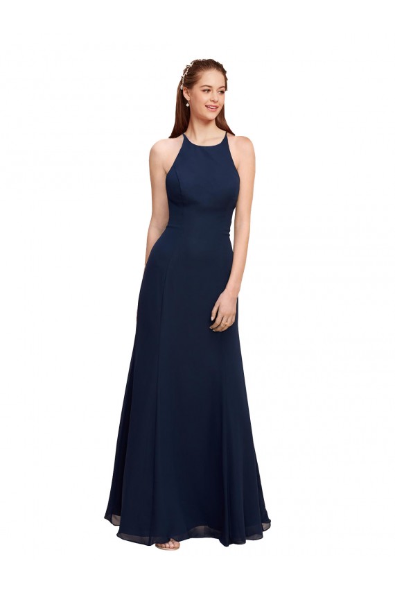 Sleeveless High Neck Soft Chiffon Dark Navy Long Prom Dress / Bridesmaid Dress Adelaide