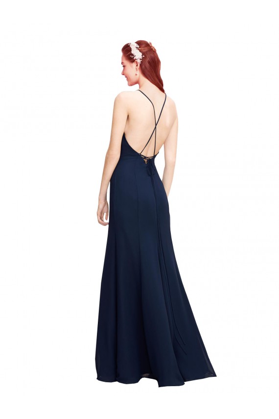 Sleeveless High Neck Soft Chiffon Dark Navy Long Prom Dress / Bridesmaid Dress Adelaide