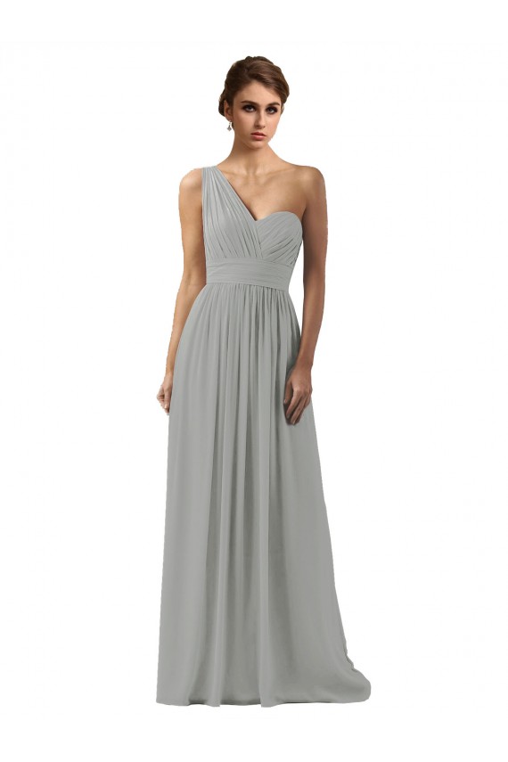 Sleeveless One Shoulder Soft Chiffon Silver Long Bridesmaid Dress Adelaide