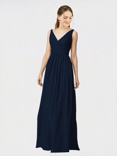 Sleeveless V-Neck Chiffon Dark Navy Long Bridesmaid Dresses / Formal Dresses Adelaide