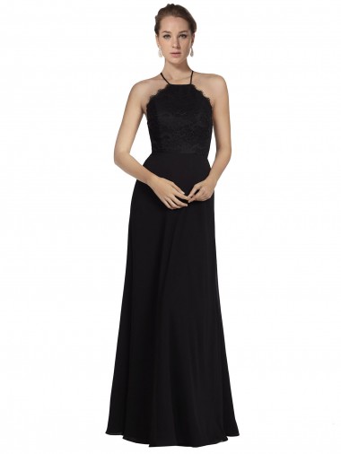 Sleeveless Halter Neck Soft Chiffon & Lace Black Long Bridesmaid Gown Adelaide