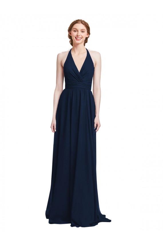Sleeveless V-Neck Chiffon Dark Navy Long Formal Dress / Bridesmaid Dress Adelaide