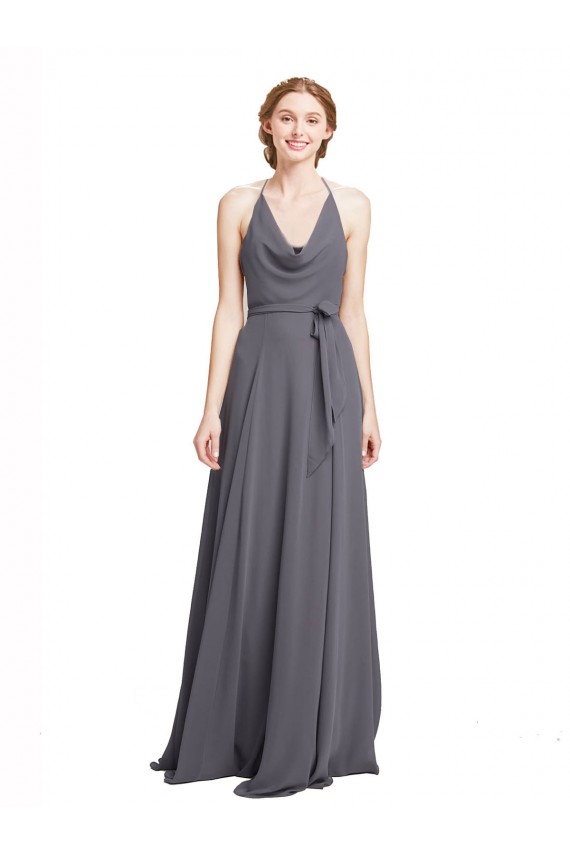 Sleeveless Halter Neck Soft Chiffon Slate Grey Long Bridesmaid Dress Adelaide