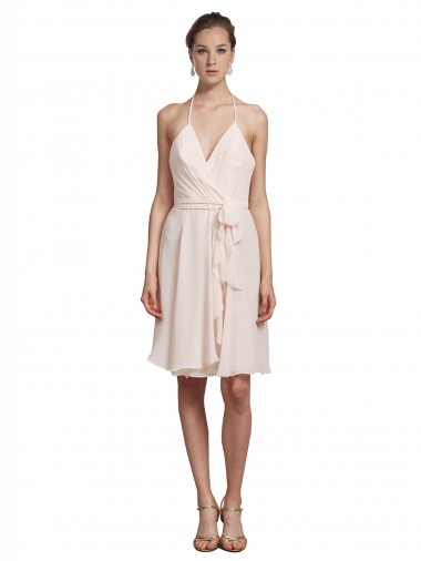 Sleeveless V-Neck Soft Chiffon Cream Pink Knee Length Bridesmaid Dress Adelaide