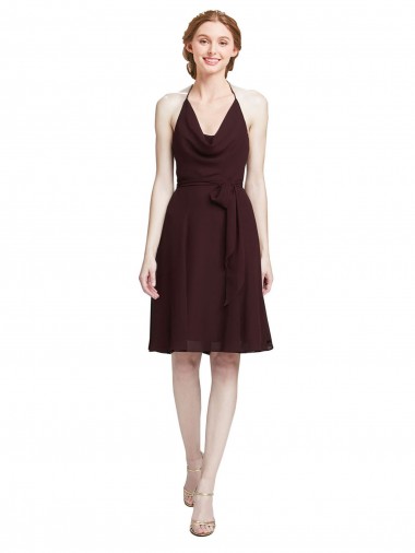 Sleeveless Halter Neck Soft Chiffon Burgundy Gold Knee Length Bridesmaid Dress Adelaide