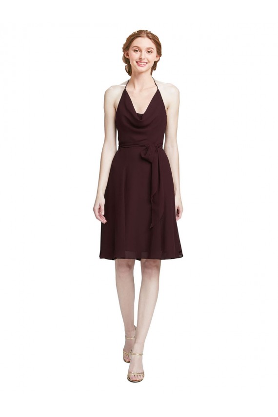 Sleeveless Halter Neck Soft Chiffon Burgundy Gold Knee Length Bridesmaid Dress Adelaide