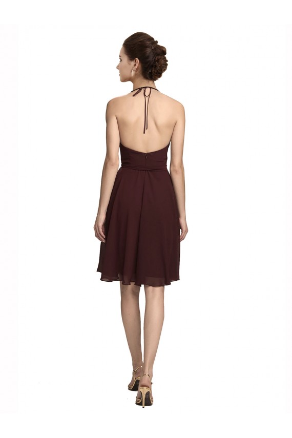 Sleeveless Halter Neck Soft Chiffon Burgundy Gold Knee Length Bridesmaid Dress Adelaide