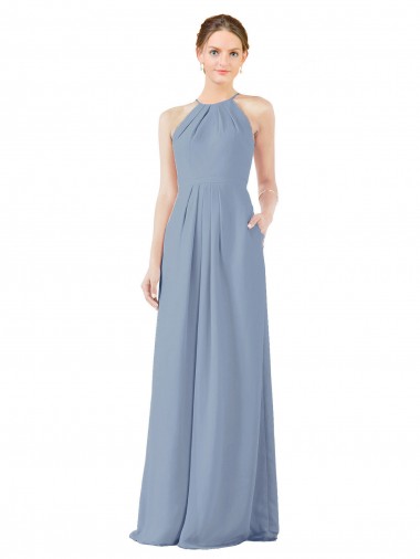 Sleeveless High Neck Soft Chiffon Dusty Blue Long Bridesmaid Dress Adelaide