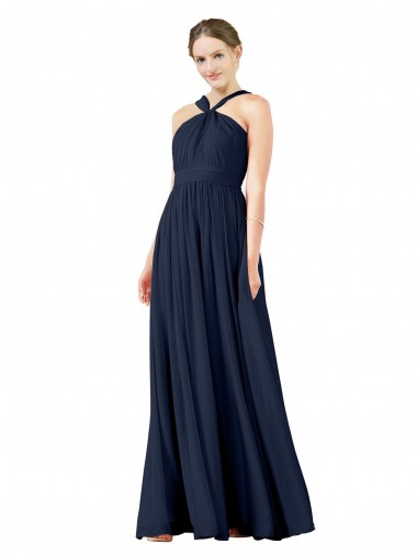Sleeveless V-Neck Chiffon Dark Navy Princess Long Bridesmaid Gowns Adelaide