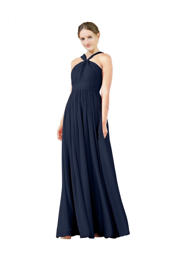 Sleeveless V-Neck Chiffon Dark Navy Princess Long Bridesmaid Gowns Adelaide