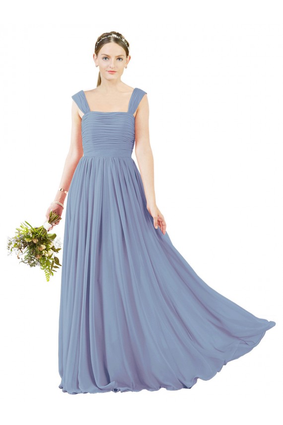 Sleeveless Square Neck Soft Chiffon Dusty Blue Long Bridesmaid Dress Adelaide