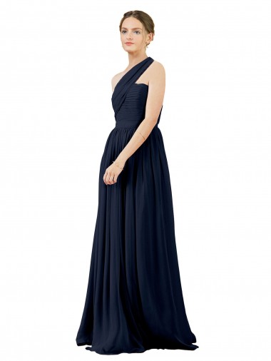 Sleeveless One Shoulder Chiffon Dark Navy Long Bridal Party Dress / Evening Dress Adelaide